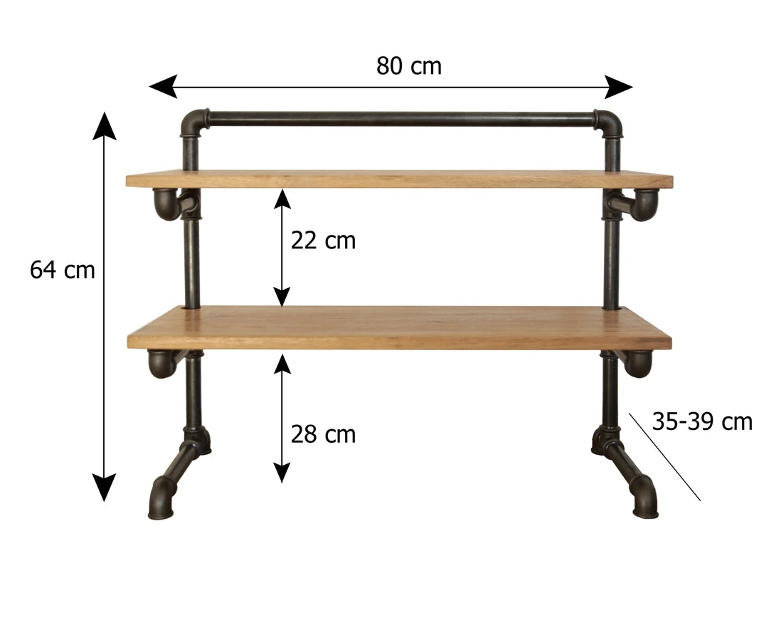 Bodo Skizze mit Maßen. Höhe 64cm, Breite 80cm, Tiefe 35-39cm, Abstand vom Boden zur 1.Ebene 28cm und Abstand von 1. Ebene zur 2. Ebene 22m