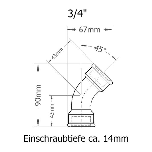 Bogen 45 Grad IGIG 3/4 Zoll Skizze