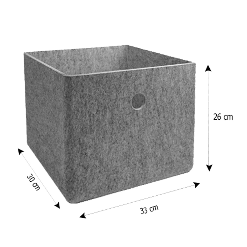 Stilvoller Filzkorb mit Abmessungen. Höhe 26cm, Breite 33cm und Tiefe 30cm.