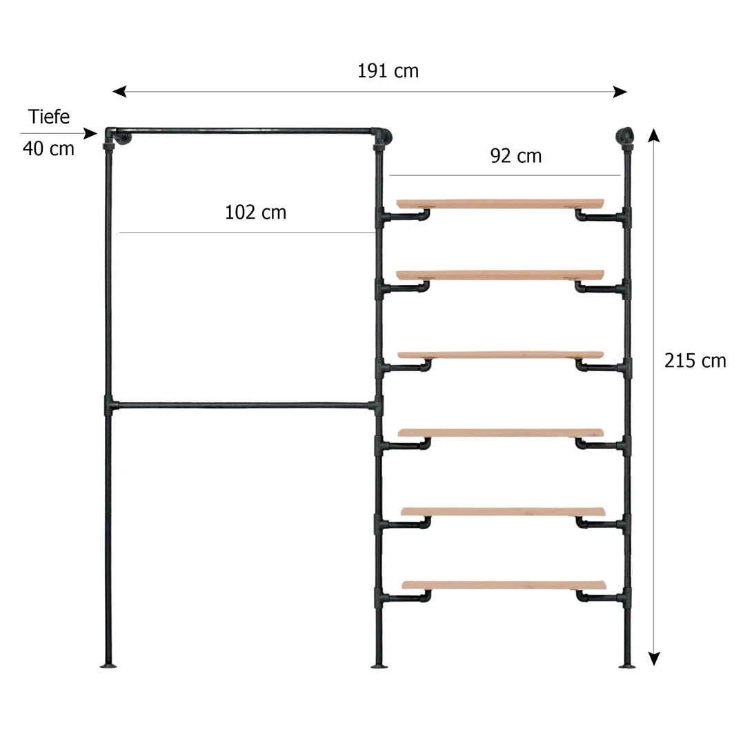 LAYLA Wandmontierte Kleiderstange Skizze mit Höhe 215cm, Breite 191cm und Tiefe 40cm.