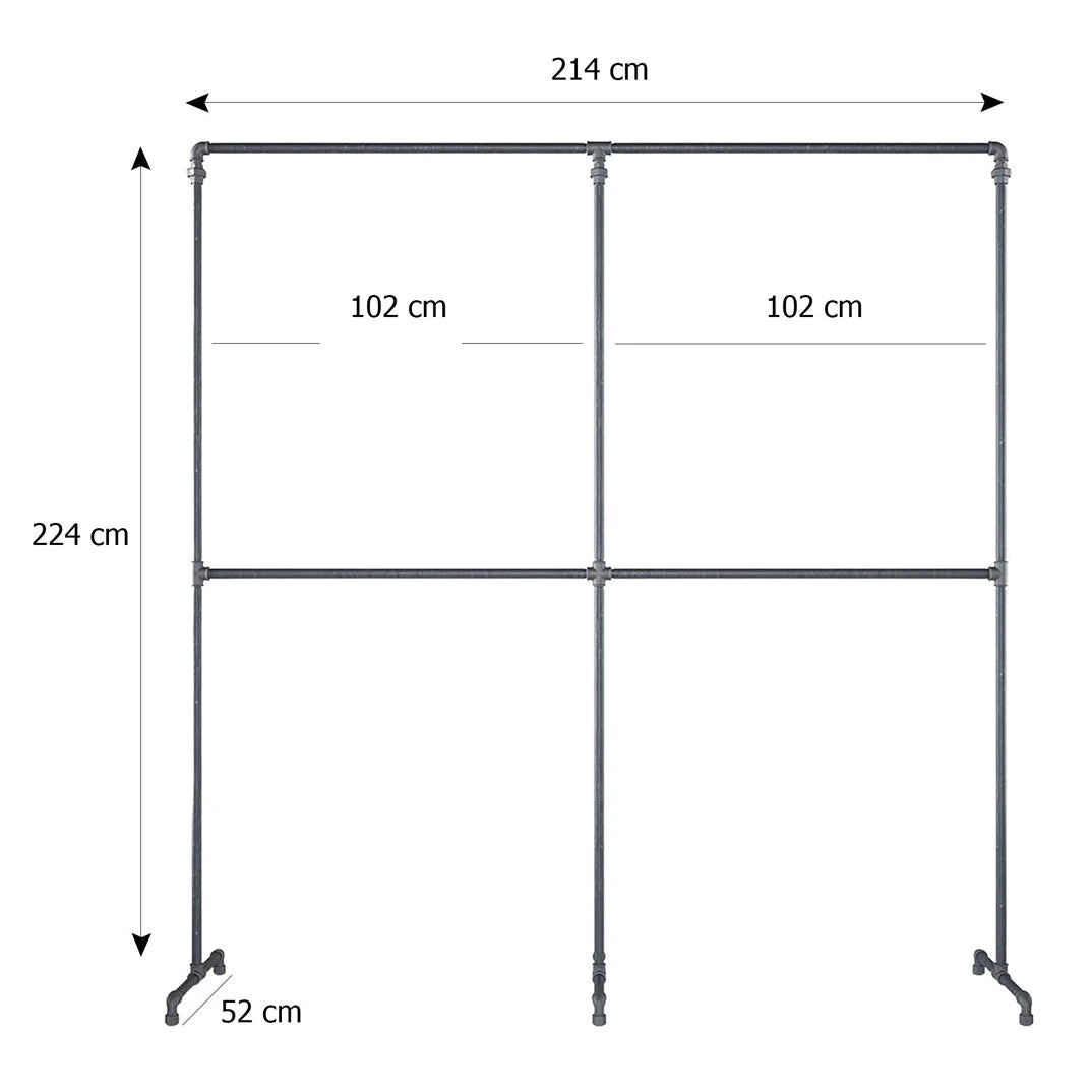 Lia freistehender Kleiderständer Skizze mit Höhe 224cm, Breite 214cm und Tiefe 52cm.
