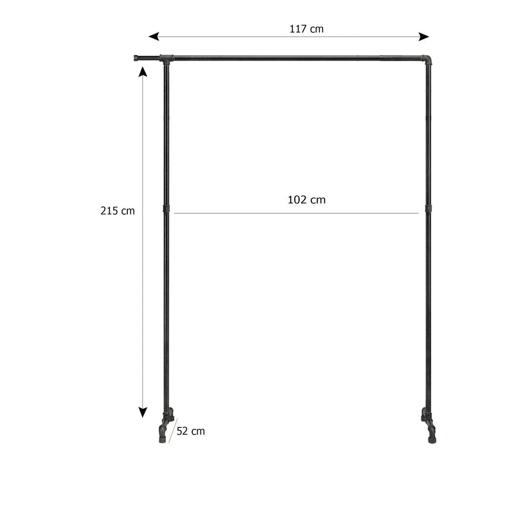 Martha freistehender Kleiderständer Skizze mit Höhe 215cm, Breite 117cm und Tiefe 52cm.