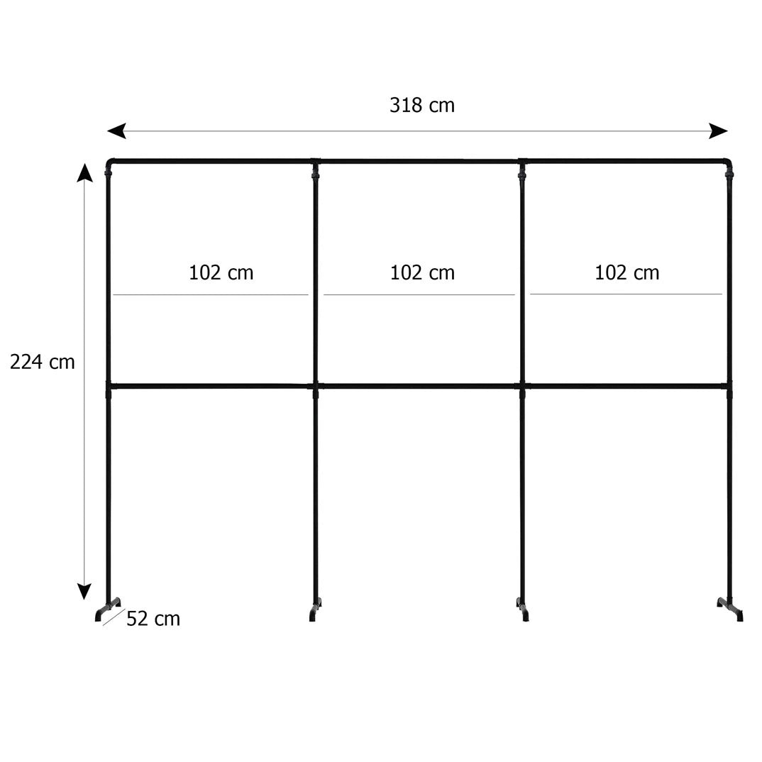 Max freistehende Kleiderstange Skizze mit Höhe 224cm, Breite 318cm und Tiefe 52cm.
