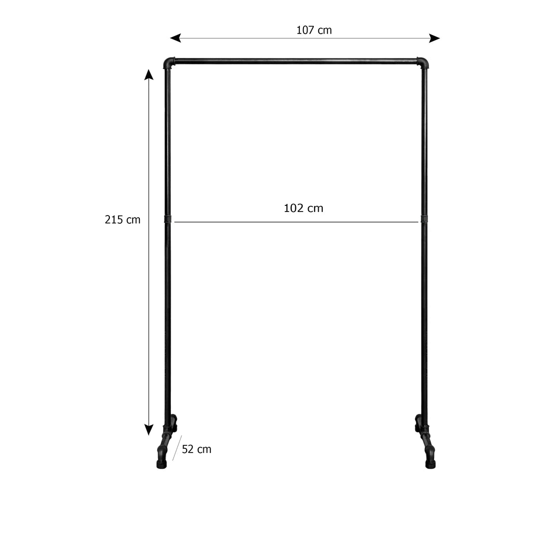 Mia freistehender Kleiderständer Skizze mit Höhe 215cm, Breite 107cm und Tiefe 52cm.