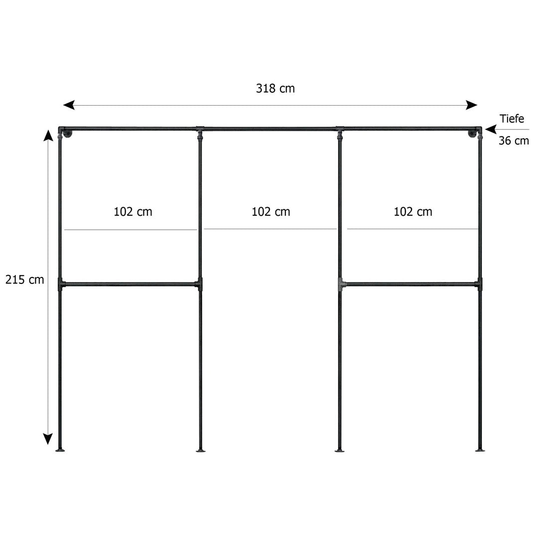 Sven Wandmontierter Kleiderständer Skizze mit Höhe 215cm, Breite 318cm und Tiefe 36cm.