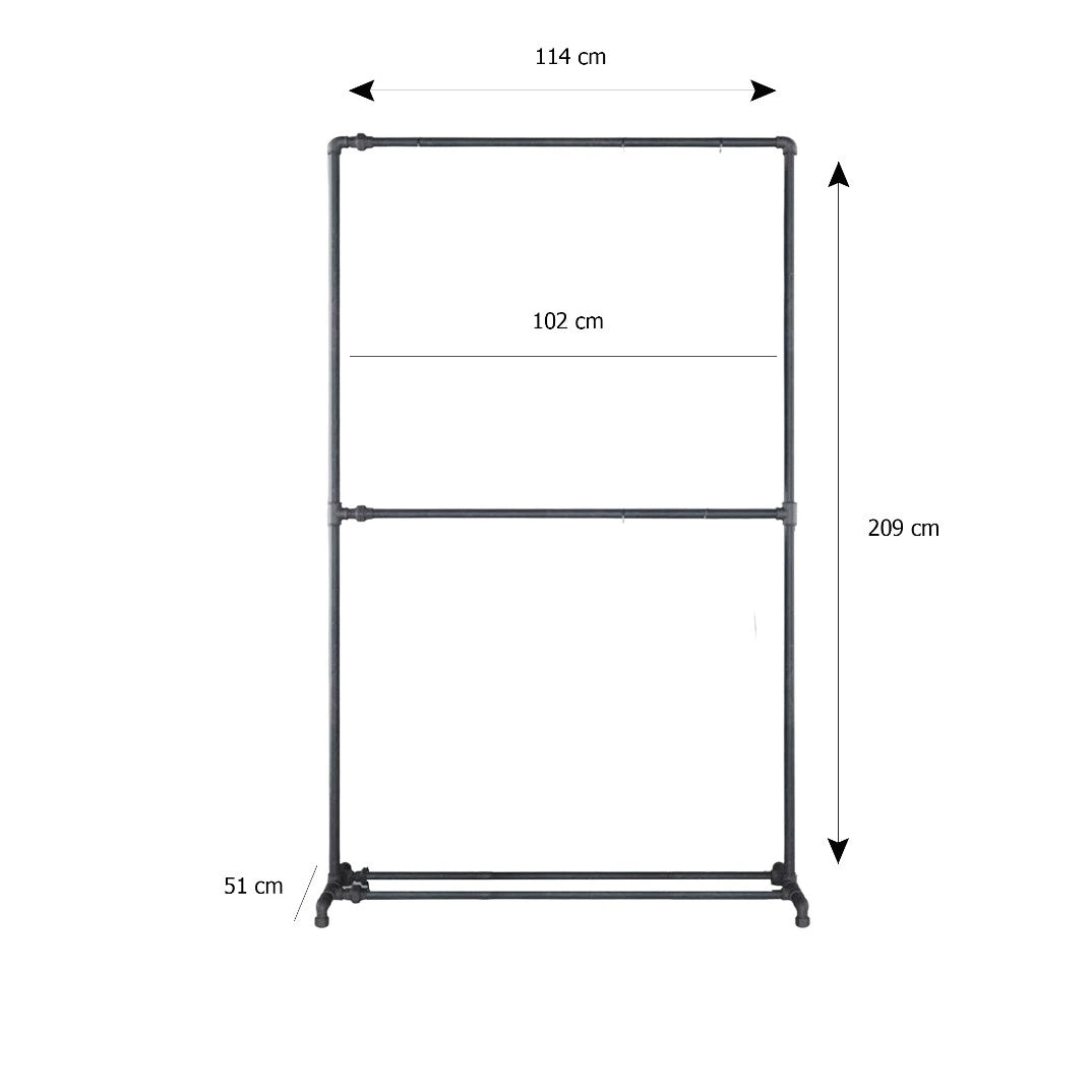 Skizze der doppelkleiderstange mit Höhe 209cm Breite 114cm und Tiefe 51cm