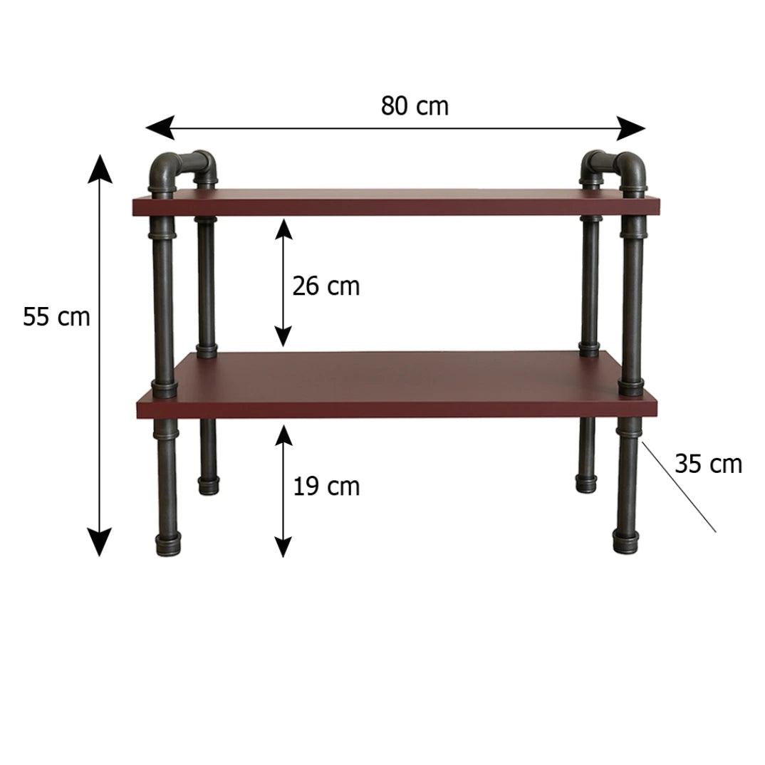Bruno Schuhregal mit Maßen. Höhe 55cm, Breite, 80cm, Tiefe 35cm, Abstand Boden und 1. Ebene 19cm und Abstand 1. und 2. Ebene 26cm.