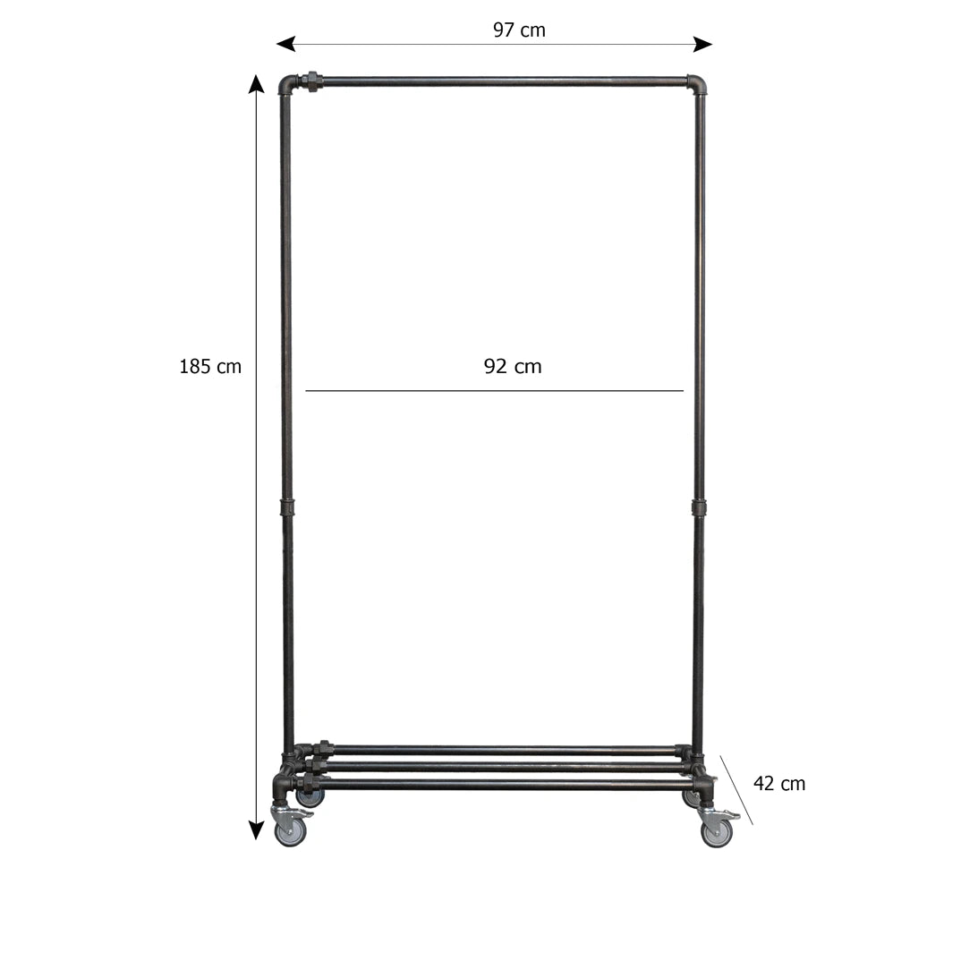 Levi Kleiderstange mit Schuhablage auf Rollen Skizze mit Höhe 185cm, Breite 97cm und Tiefe 42cm.
