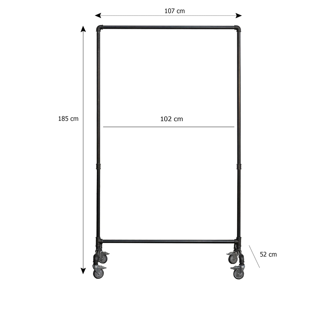 LEO Kleiderständer auf Rollen Skizze mit Höhe 185cm, Breite 107cm und Tiefe 52cm.