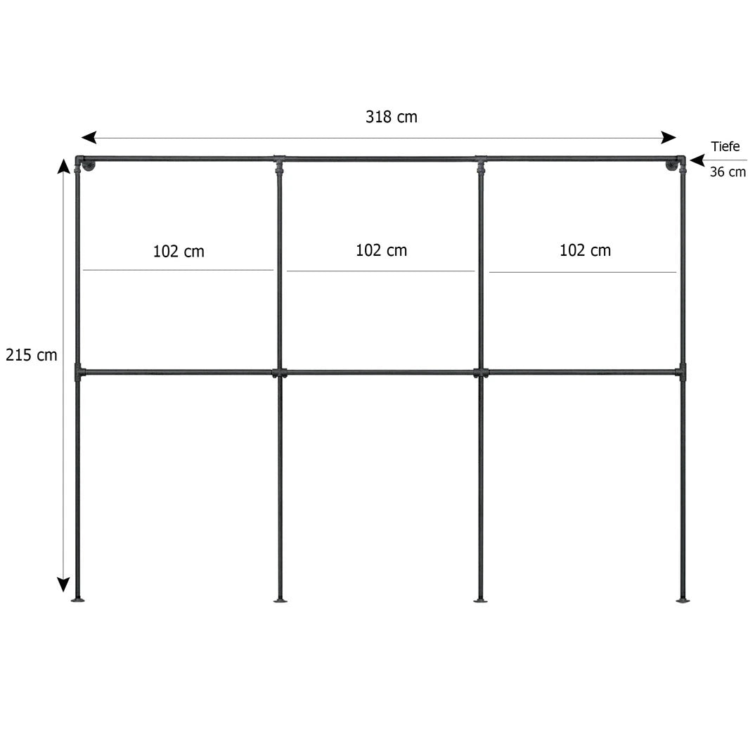 Theo wandmontierte Kleiderstange Skizze mit Höhe 215cm, Breite 318cm und Tiefe 36cm.