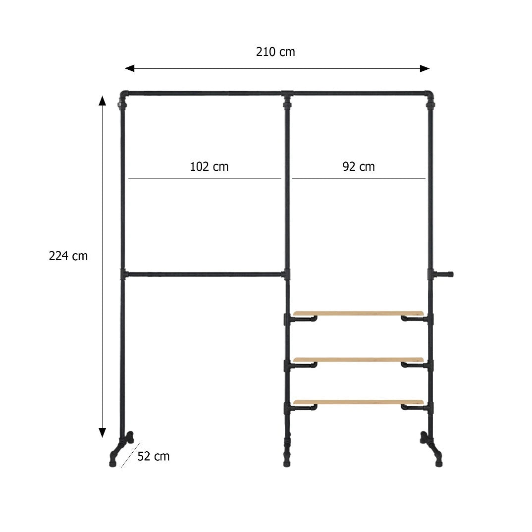 Skizze der Kleiderstange Höhe 224cm Breite 210cm und Tiefe 52cm
