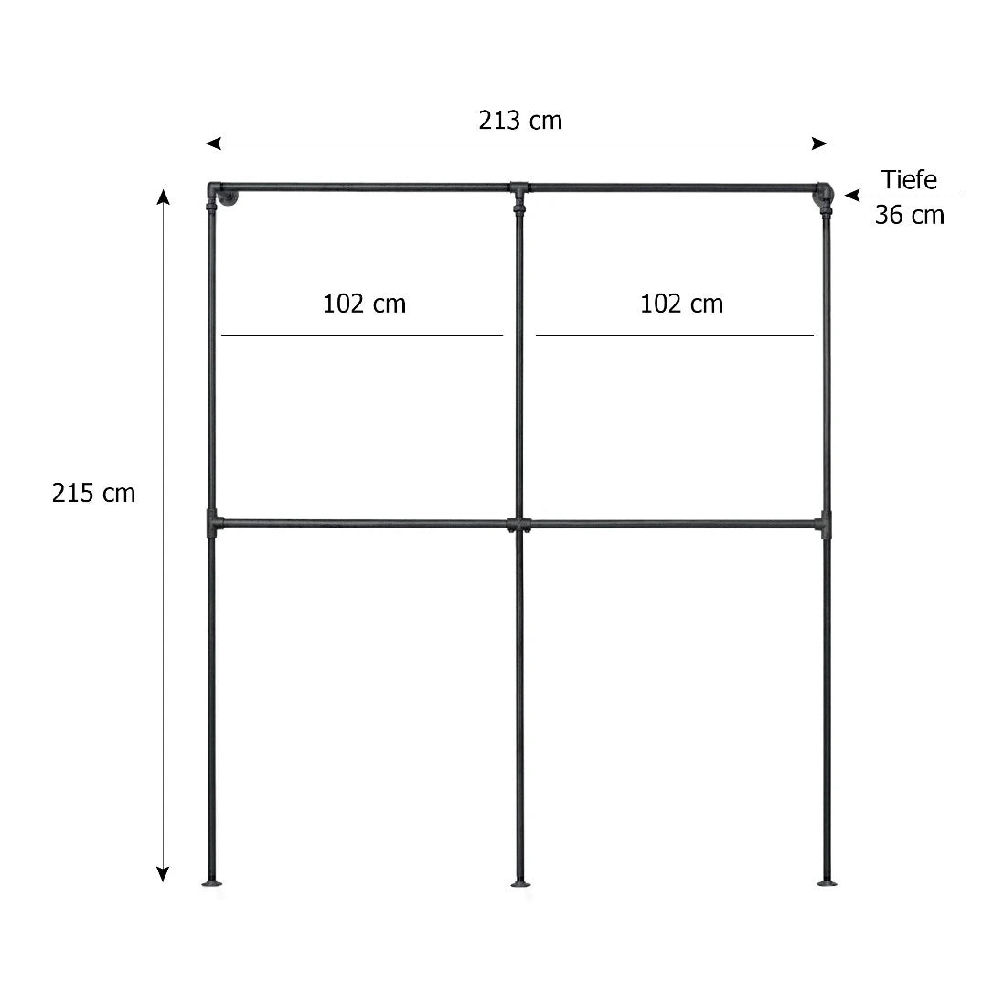 Skizze der Kleiderstange mit Höhe 215cm Breite 213cm Tiefe 36cm