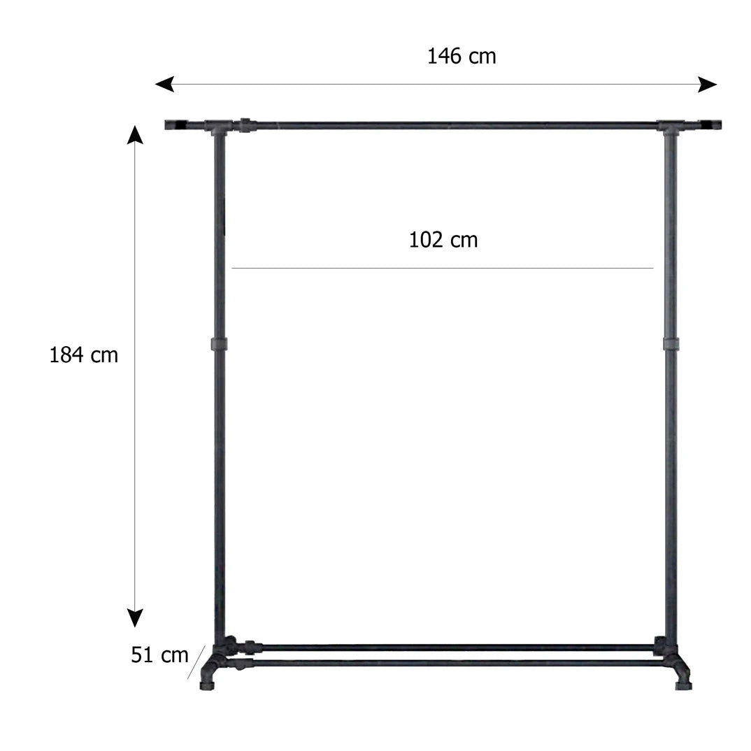 ELLEN Gaderobenstange Skizze mt Höhe 184cm, Breite 146cm und Tiefe 51cm.