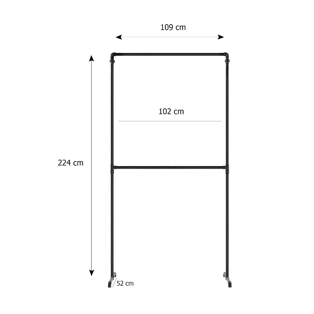 Skizze der Doppelkleiderstange aus Rohren freistehend mit Höhe 224cm Breite 109cm und Tiefe 52