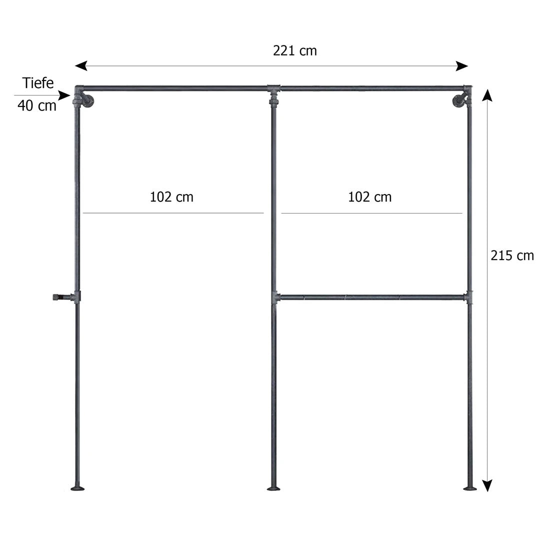 Xaver wandmontierte KleiderstangeSkizze mit Höhe 215cm, Breite 221cm und Tiefe 40cm.