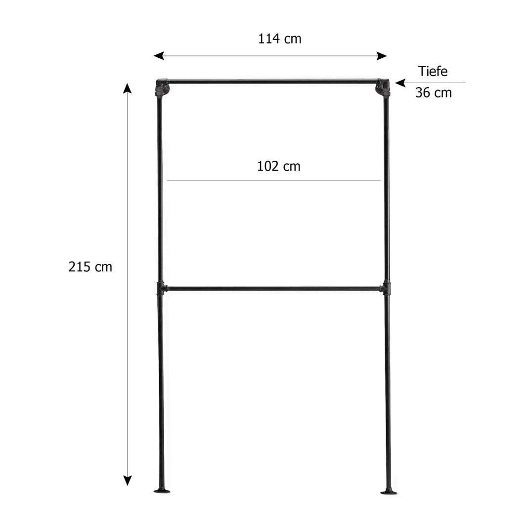 LEA Wandmontierte Kleiderstange Skizze mit Höhe 215cm, Breite 114cm und Tiefe 36cm.
