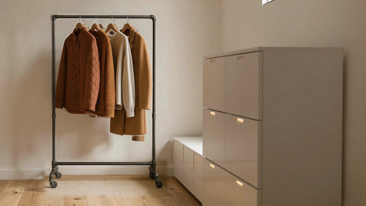Kleiderständer aus Rohr neben einem weißen Stauraumschrank