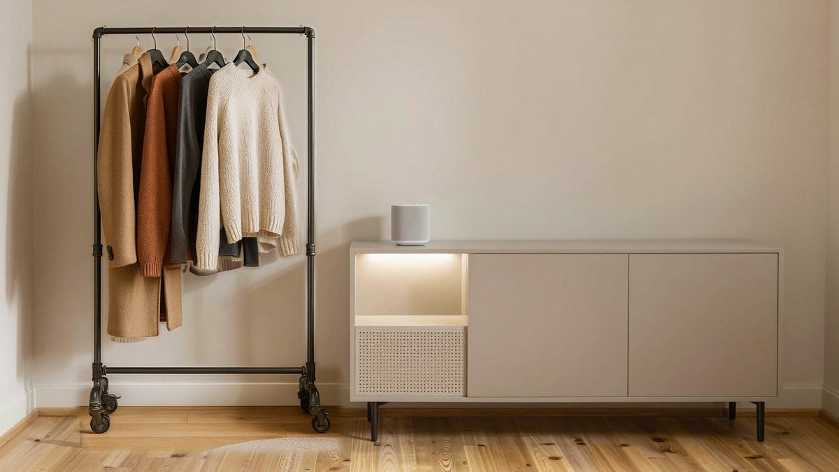 Kleiderständer aus Rohr neben einem Sideboard mit Smart Speaker