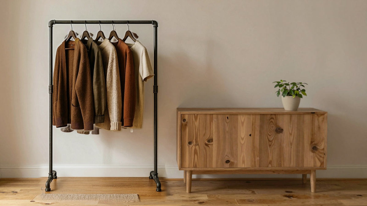 Kleiderständer aus Rohr neben einem Sideboard aus geölter Eiche