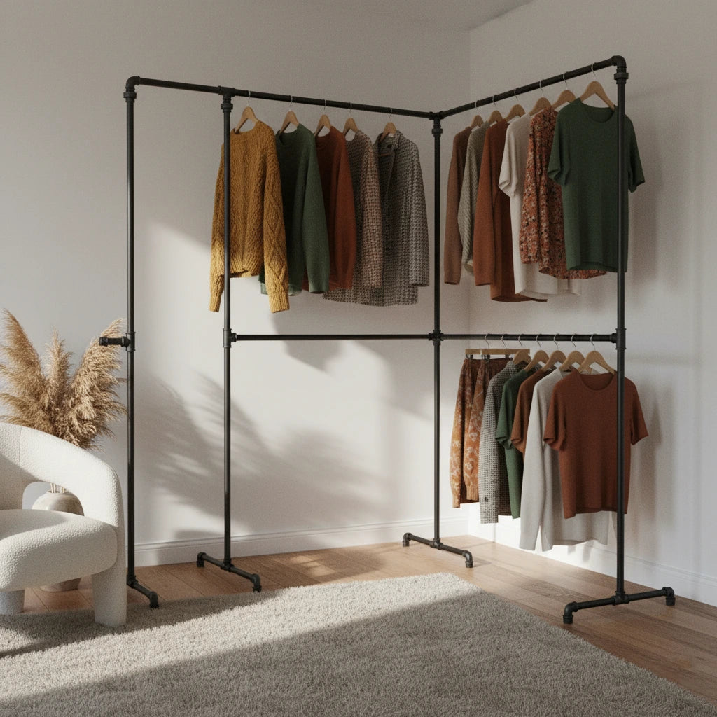 urb.style Andre im Wohnzimmer/ Schlafzimmer behangen mit Kleidung und Deko im Raum