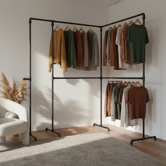 urb.style Andre im Wohnzimmer/ Schlafzimmer behangen mit Kleidung und Deko im Raum