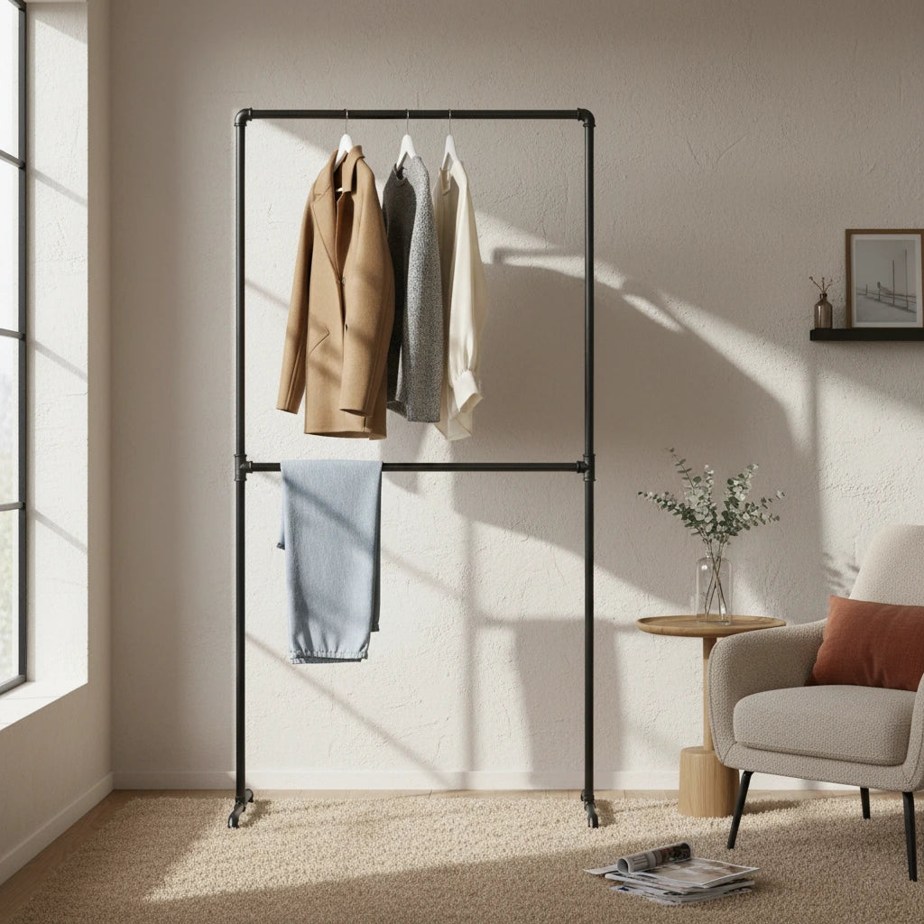 urb.style Anne im Schlafzimmer/Wohnzimmer behangen mit Kleidung und Deko im Raum.