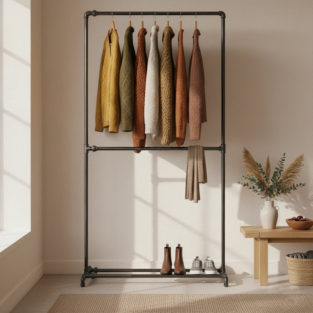 urb.style Aron im Wohnzimmer/ Schlafzimmer behangen mit Kleidung und Deko im Raum.