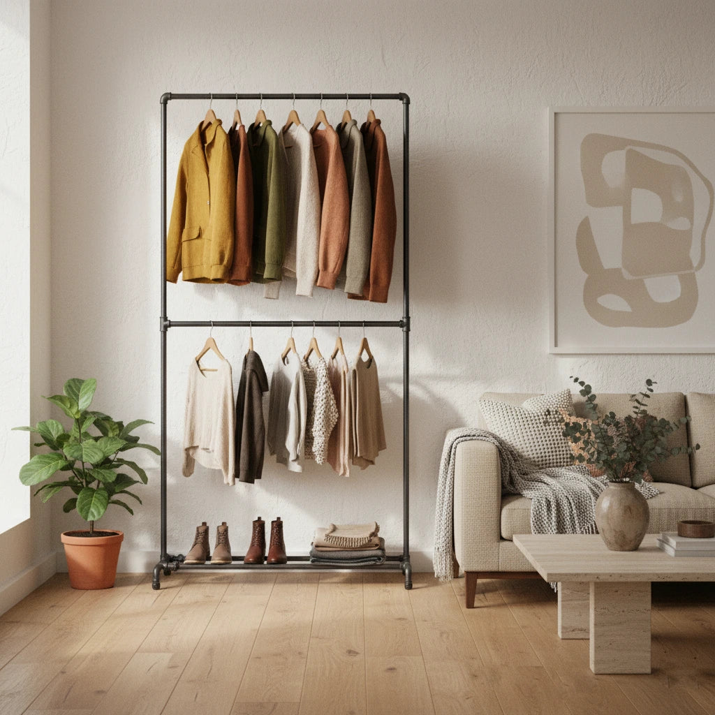 urb.style Aron im Wohnzimmer/ Schlafzimmer behangen mit Kleidung und Deko im Raum.