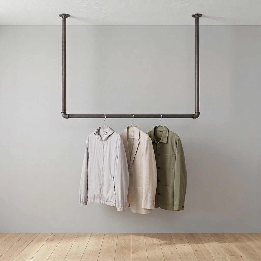 Arvid behangen mit Kleidung vor grauer Wand