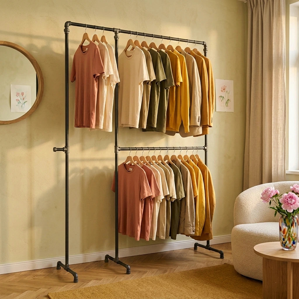 urb.style Ben freistehender Kleiderständer im vintage Stil Ständer aus Rohren behangen mit Kleidung