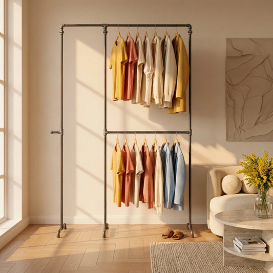 urb.style Ben freistehender Kleiderständer im vintage Stil Ständer aus Rohren behangen mit Kleidung