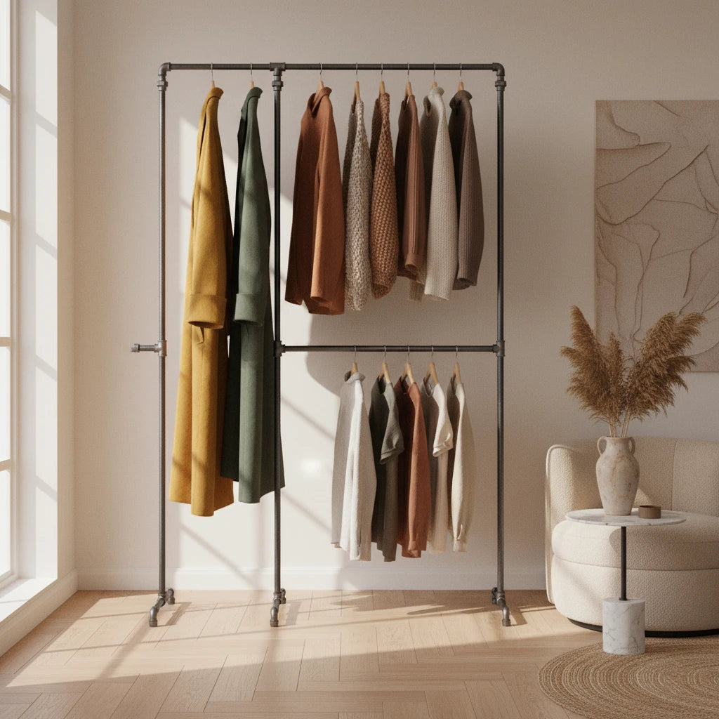 urb.style Ben freistehender Kleiderständer im vintage Stil Ständer aus Rohren behangen mit Kleidung