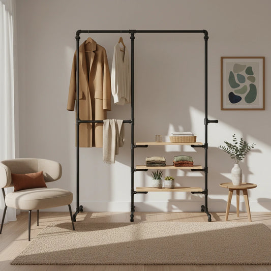 urb.style Ben im Wohnzimmer/ Schlafzimmer behangen mit Kleidung und Deko im Raum.