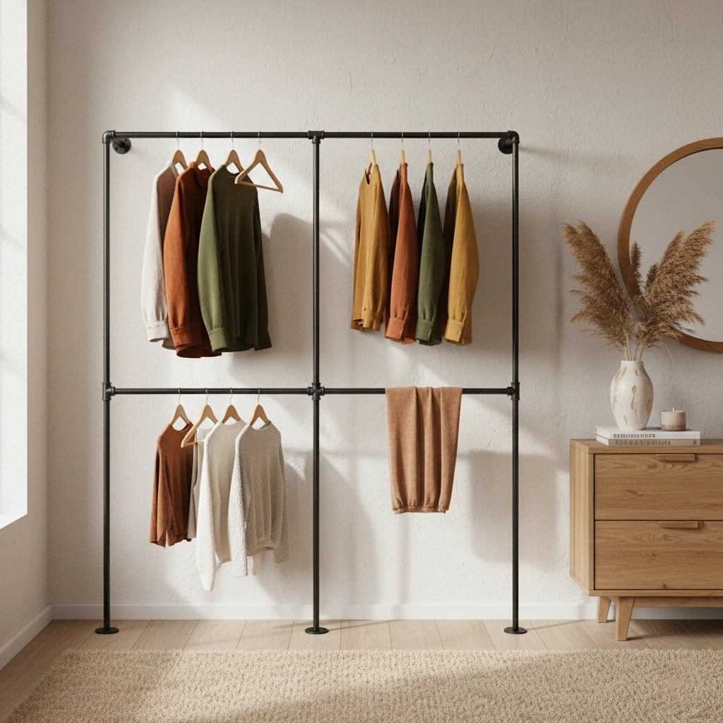 urb.style Charlie im Wohnzimmer/ Schlafzimmer behangen mit Kleidung und Deko im Raum.