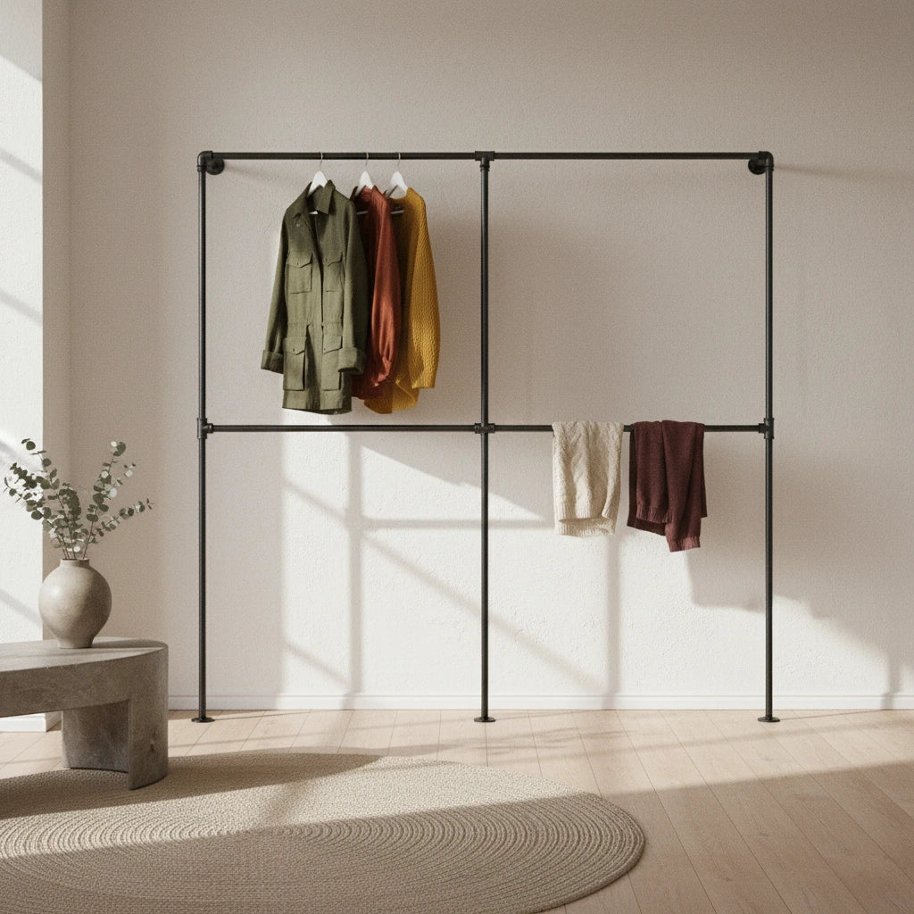 urb.style Charlie im Wohnzimmer/ Schlafzimmer behangen mit Kleidung und Deko im Raum.