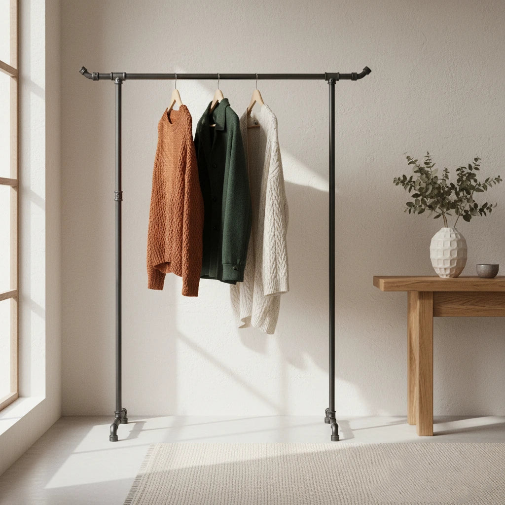 urb.style Elisa im Wohnzimmer/ Schlafzimmer behangen mit Kleidung und Deko im Raum.