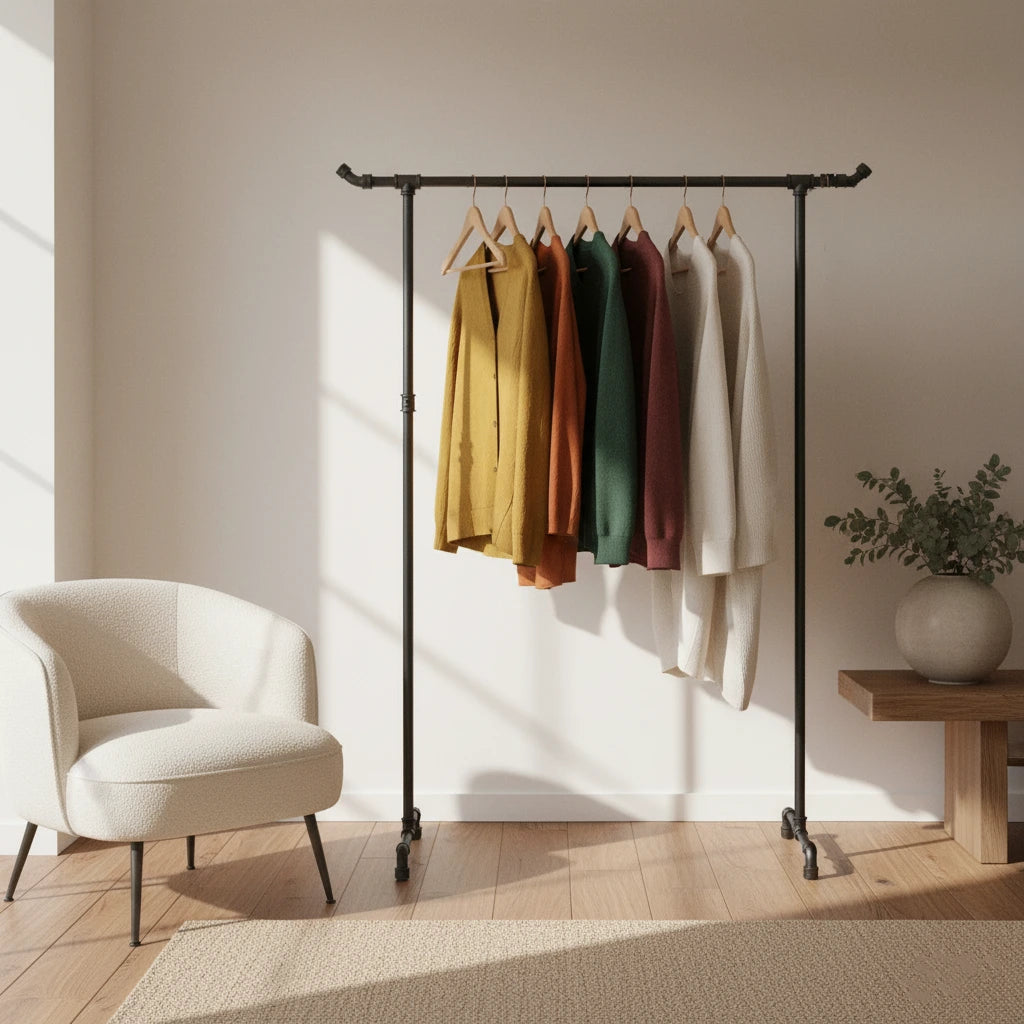 urb.style Elisa im Wohnzimmer/ Schlafzimmer behangen mit Kleidung und Deko im Raum.