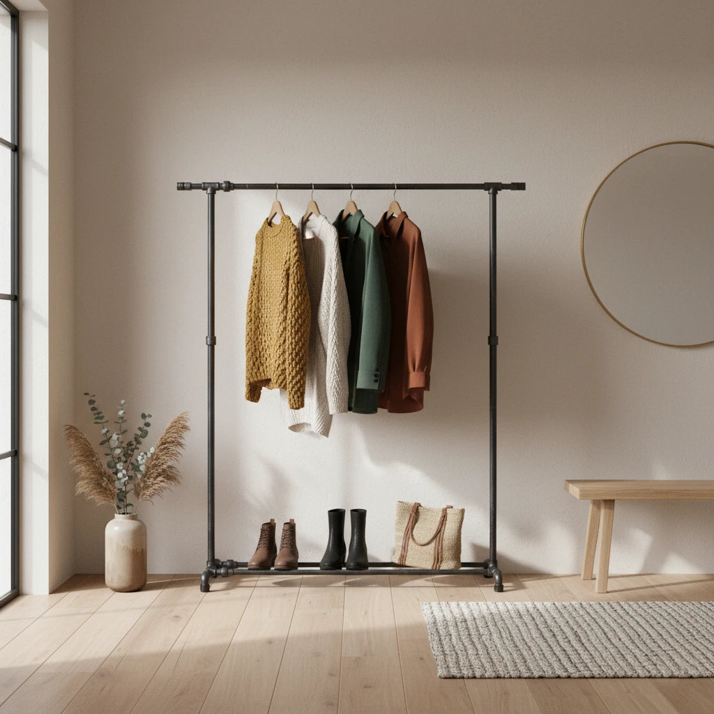 urb.style Ellen im Wohnzimmer/ Schlafzimmer behangen mit Kleidung und Deko im Raum.