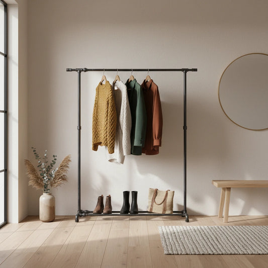 urb.style Ellen im Wohnzimmer/ Schlafzimmer behangen mit Kleidung und Deko im Raum.