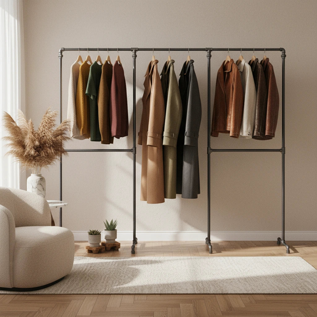 urb.style Franz im Wohnzimmer/ Schlafzimmer behangen mit Kleidung und Deko im Raum.