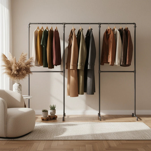 urb.style Franz im Wohnzimmer/ Schlafzimmer behangen mit Kleidung und Deko im Raum.