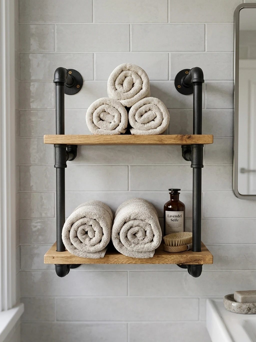 Hugo elegantes Wandregal mit Handtüchern und Deko versehen im Badezimmer.