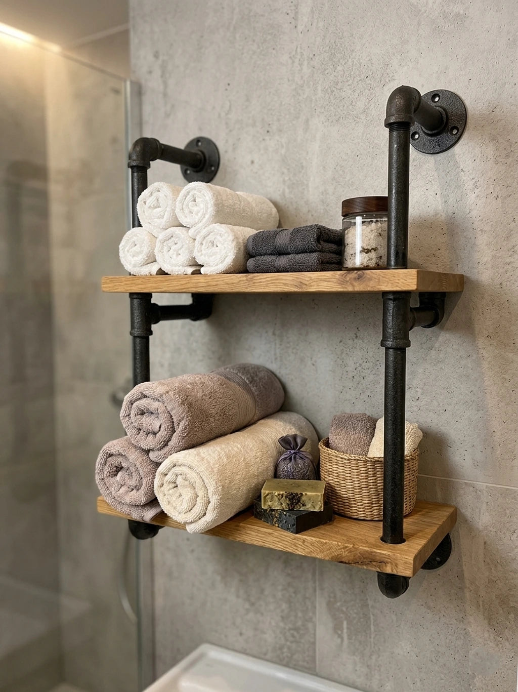 Hugo elegantes Wandregal mit Handtüchern und Deko versehen im Badezimmer.