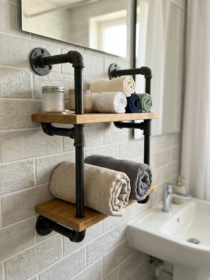 Hugo elegantes Wandregal mit Handtüchern und Deko versehen im Badezimmer.