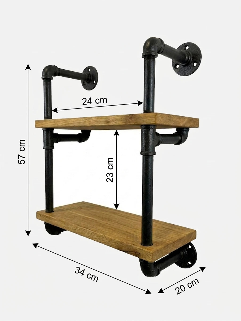 HUGO elegantes Wandregal, Skizze mit Höhe 57cm, Breite 34cm, Tiefe 20cm, Abstand zwischen den Stangen 24cm und Abstand zwischen den Brettern 23cm.