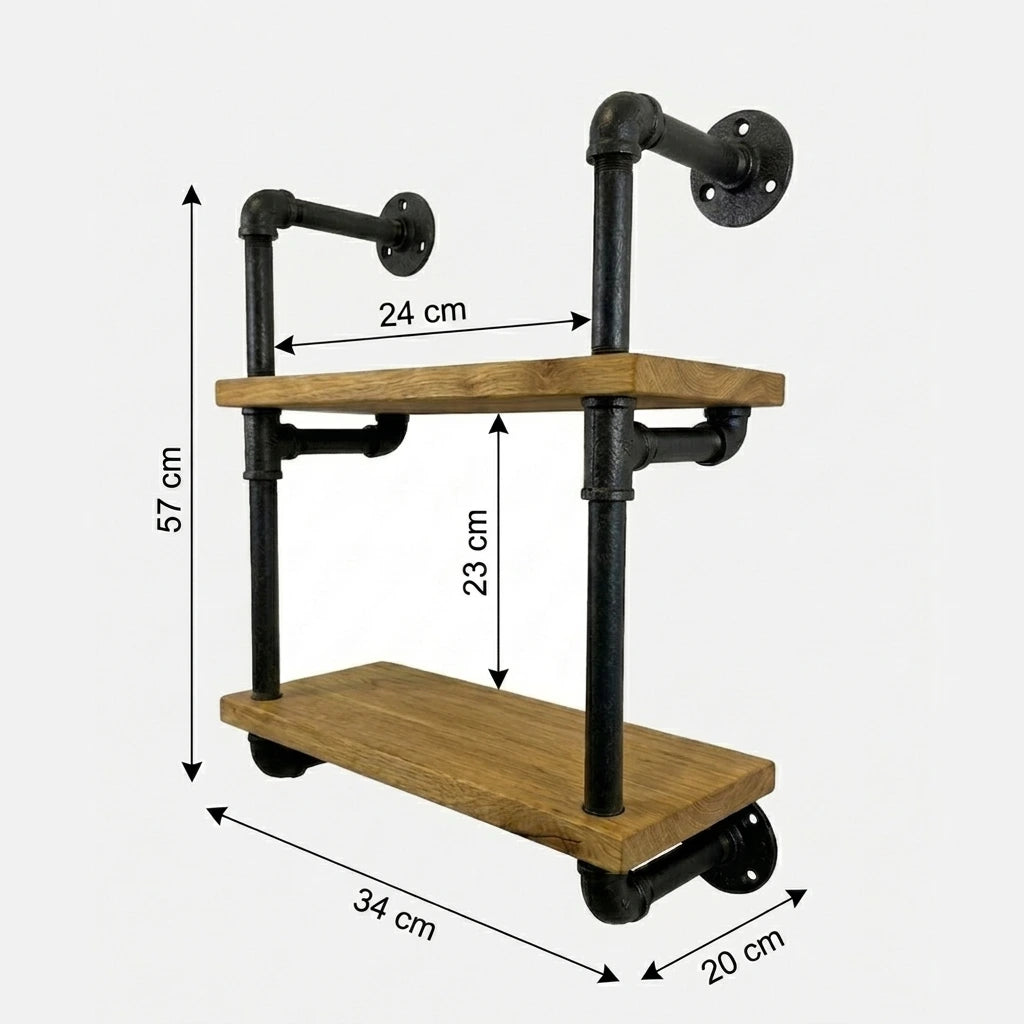Hugo Skizze mit Höhe 57cm, Breite 34cm, Tiefe 20cm, Abstand zwischen den Stangen von 24cm und Abstand zwischen den Regalen von 23cm.