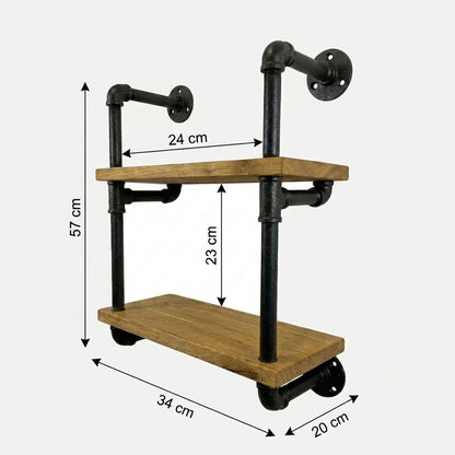 Hugo Skizze mit Höhe 57cm, Breite 34cm, Tiefe 20cm, Abstand zwischen den Stangen von 24cm und Abstand zwischen den Regalen von 23cm.