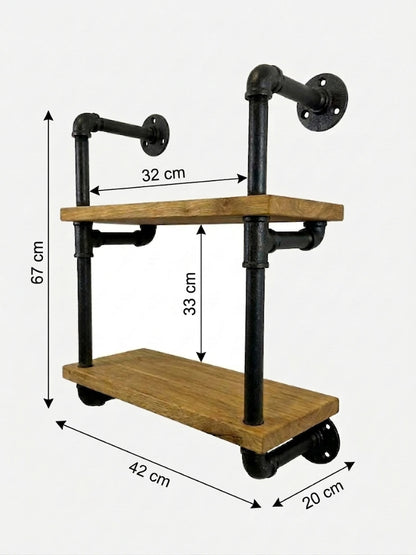 HUGO elegantes Wandregal, Skizze mit Höhe 67cm, Breite 42cm, Tiefe 20cm, Abstand zwischen den Stangen 32cm und Abstand zwischen den Brettern 33cm.