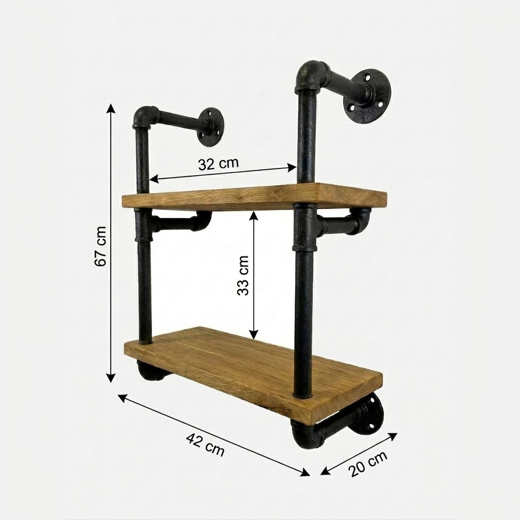 Hugo Skizze mit Höhe 7cm, Breite 42cm, Tiefe 20cm, Abstand zwischen den Stangen von 32cm und Abstand zwischen den Regalen von 33cm.