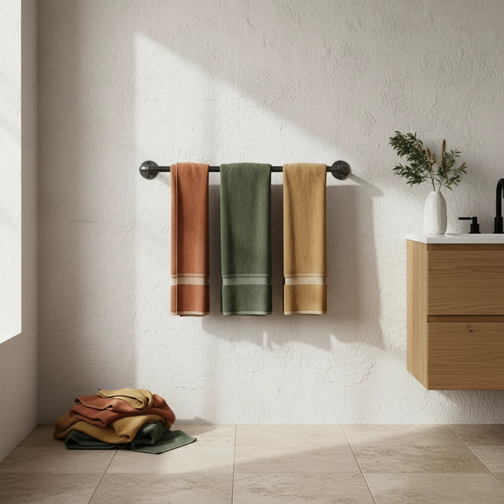 urb.style Jonah im Badezimmer behangen mit Handtüchern.